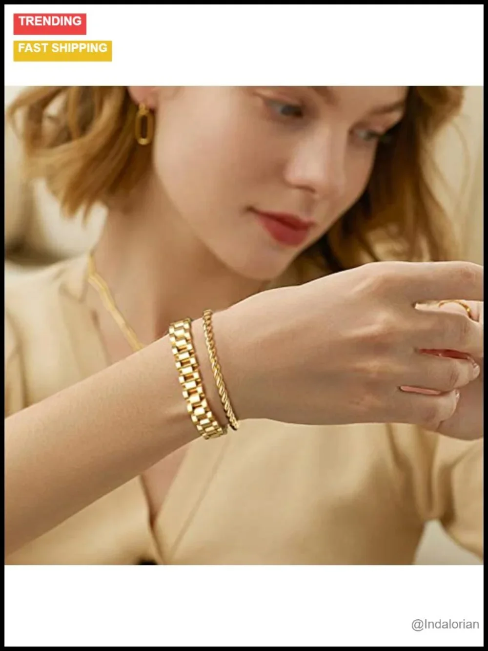 18K Gold Plated Chain Link Bracelet Set Stainless Steel Crystal Friendship